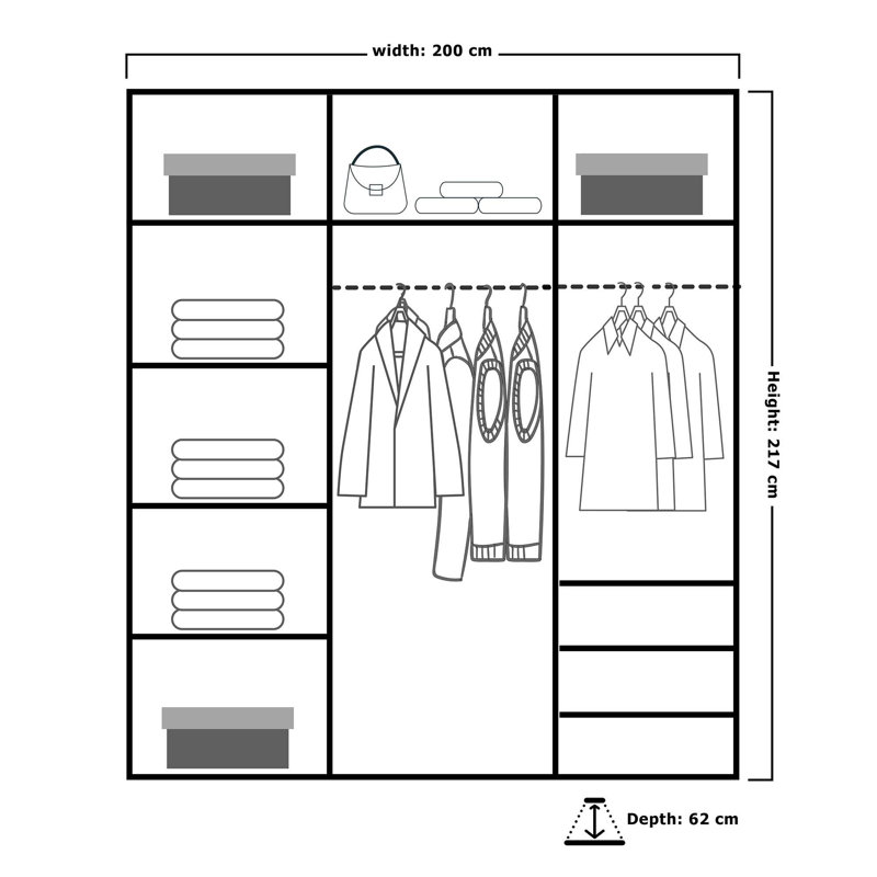 Dailon 2 Door Manufactured Wood Wardrobe, Grey, 217cm H x 200cm W x 62cm D