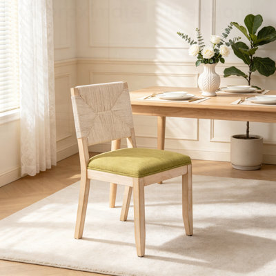Ensemble de 2 chaises de salle à manger French Country, chaises de cuisine et de salle à manger de style ferme beige, chaise de salle à manger en bois Boho avec dossier tissé et assise revêtue de lin, structure en bois massif