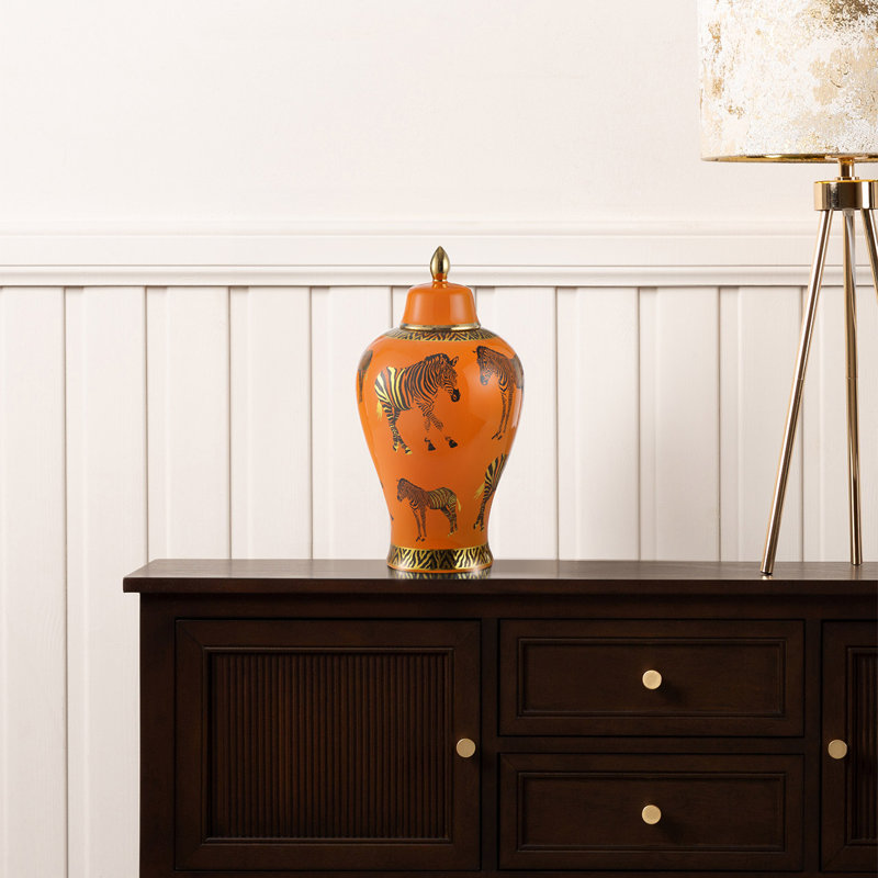 Elledge Orange with Zebra Print Handmade Ceramic Ginger Jar with Lid for Living Room Tabletop Decor