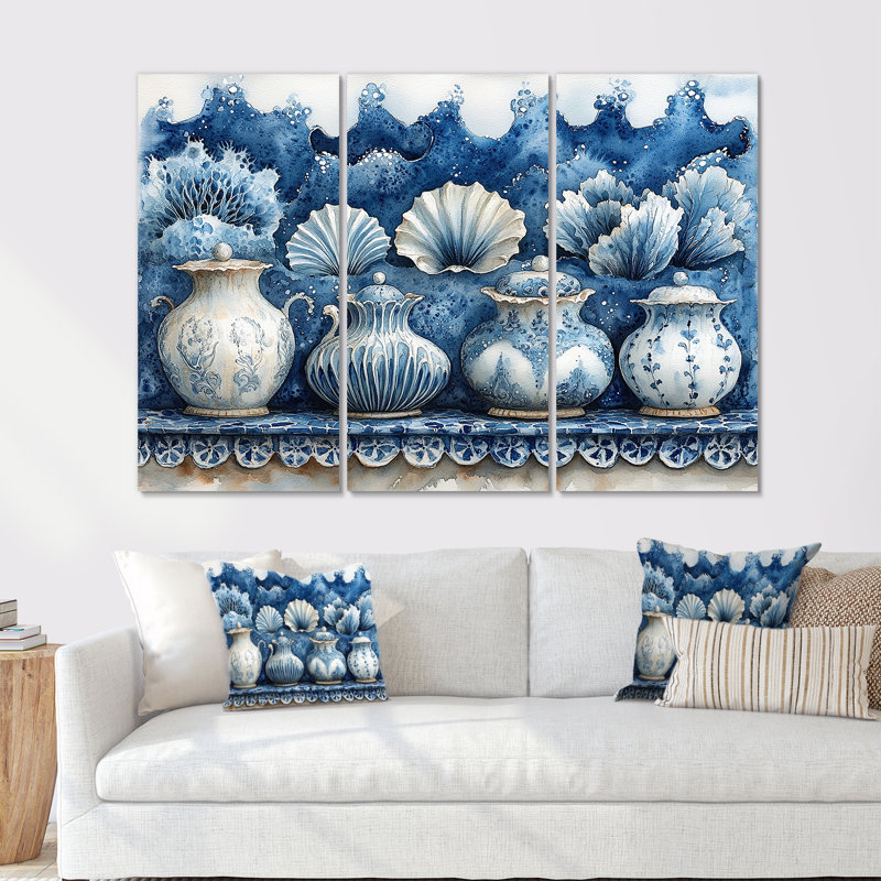 Poterie de plage dans des tons bleus et blancs - ensemble de décoration murale de poterie de plage, Toile tendue