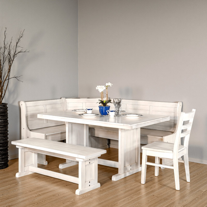 Sime 4Pc Breakfast Nook Set, Dining Table And Corner Bench, White