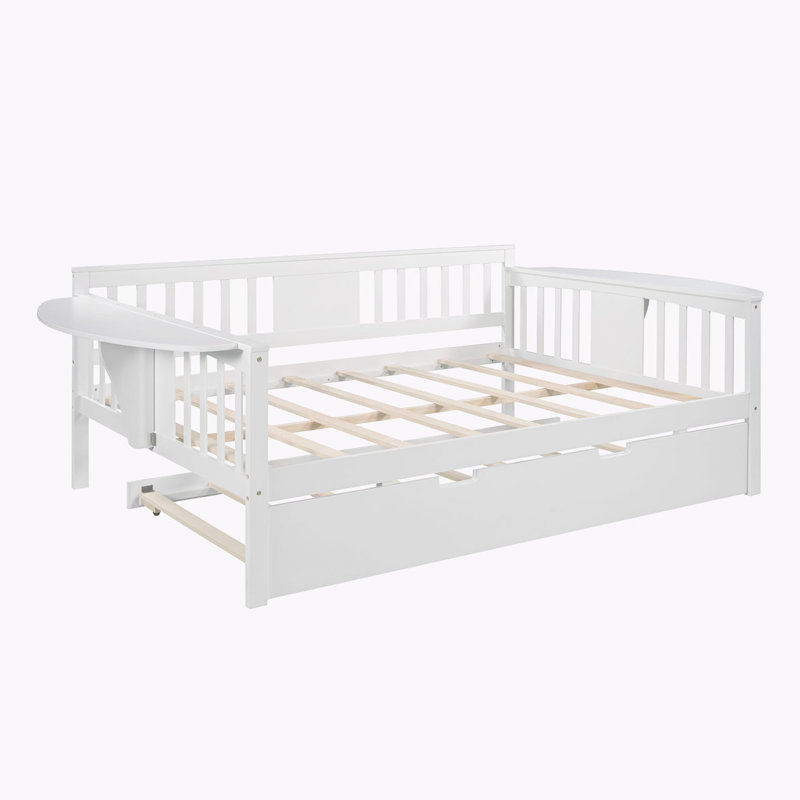 Lit de jour en bois massif avec couchette et abattants, Blanc, Lit double