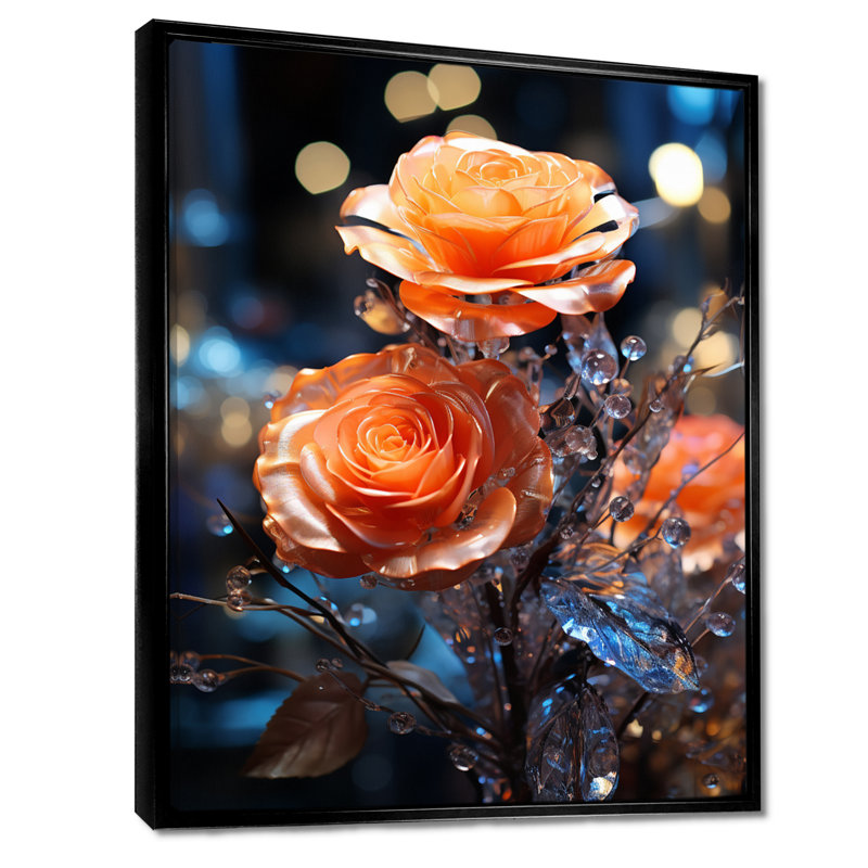 «Vibrant Orange Rose Morning Forest - Roses», reproduction d'art murale, Toile avec cadre flottant noir