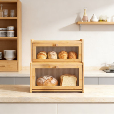 Double Layer Bread Box With Frosted Glass, Large Capacity Countertop Storage Organizer For Bread, Fruits, And Kitchen Essentials