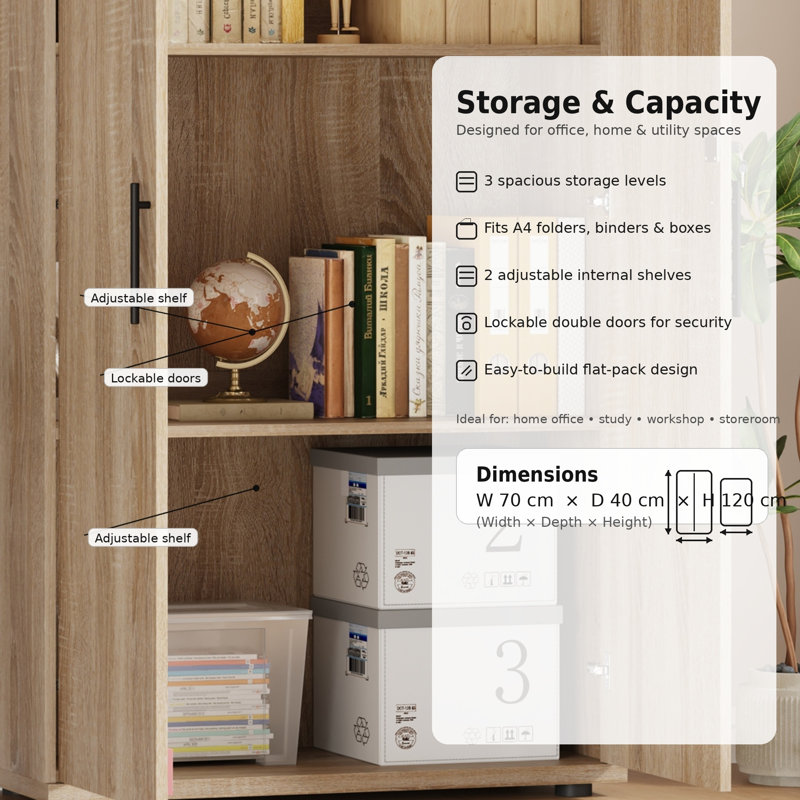 Wooden Storage Cabinet with Lock, 2 Door 2 Shelf Storage File, Utility, Garage Tool, Cabinet, Sonoma Oak