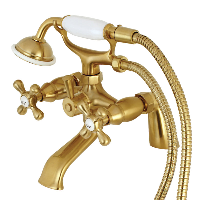 Kingston Brass Kingston Three-Handle 2-Hole Deck Mount Clawfoot Tub Faucet with Hand Shower, Satin Brass