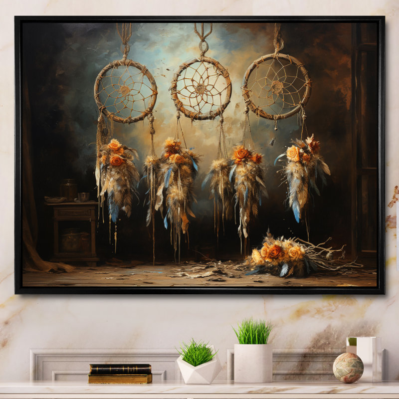Attrape-rêves beige, attrait rustique I - Dreamcatcher, art mural pour le salon, Cadre flottant noir