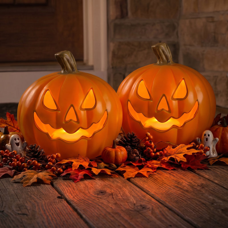 2 Pack 8” LED Lighted Pumpkin Jack-O'-Lantern, Battery Operated Indoor/Outdoor Halloween Decoration with 8-Hour Daily Timer
