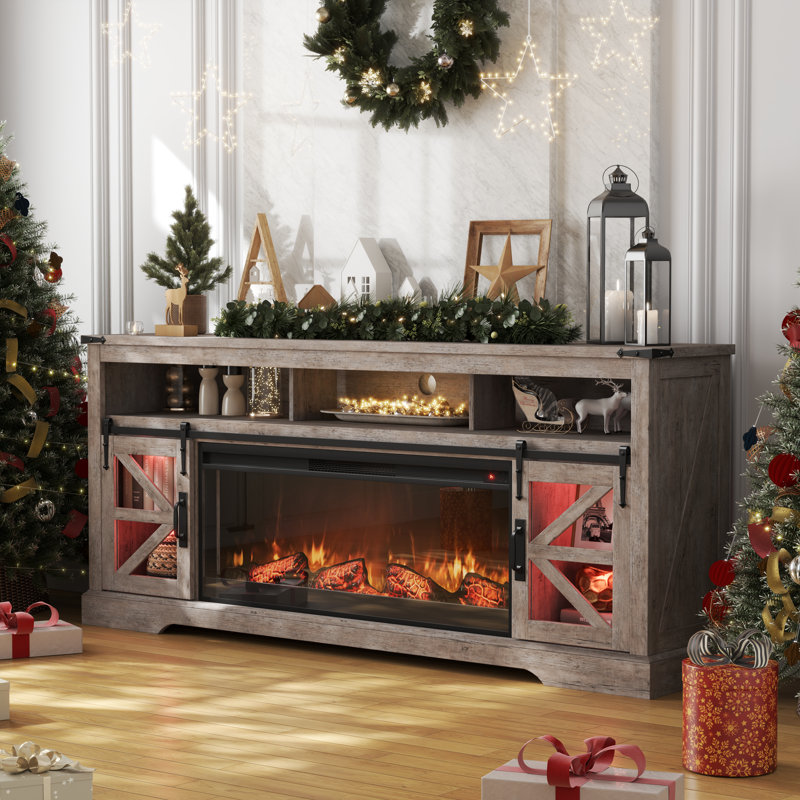 Farmhouse Fireplace TV Stand For 85" TV With Led Light & Timer, Light Rustic Oak