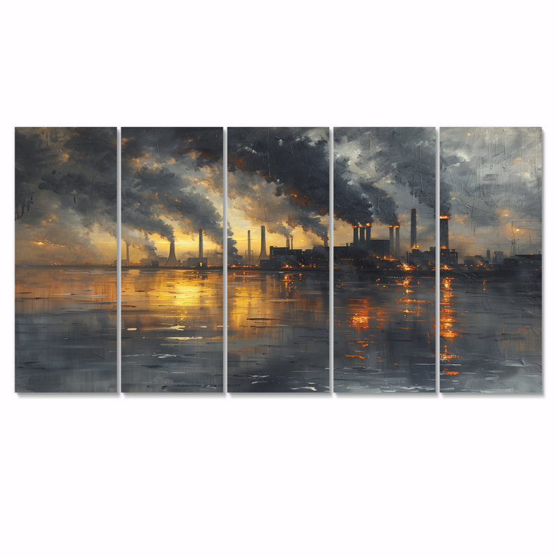 Ensemble d'œuvres d'art sur toile gris et charbon au charbon I - Power Plants, H 32 po x l 80 po