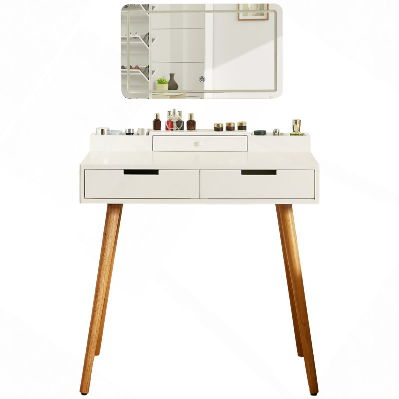 Bureau de coiffeuse élégant avec miroir amovible et lumières DEL réglables, 3 modes de couleur, 2 tiroirs pour les petites chambres, 31,5 po