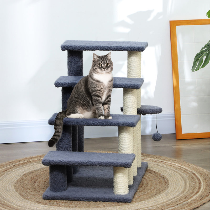 Marchepieds gris à 4 niveaux avec poteaux à griffer, support suspendu et marche latérale pour les admirateurs de chaton, gardiens de tapis, jusqu'à 10 lb,