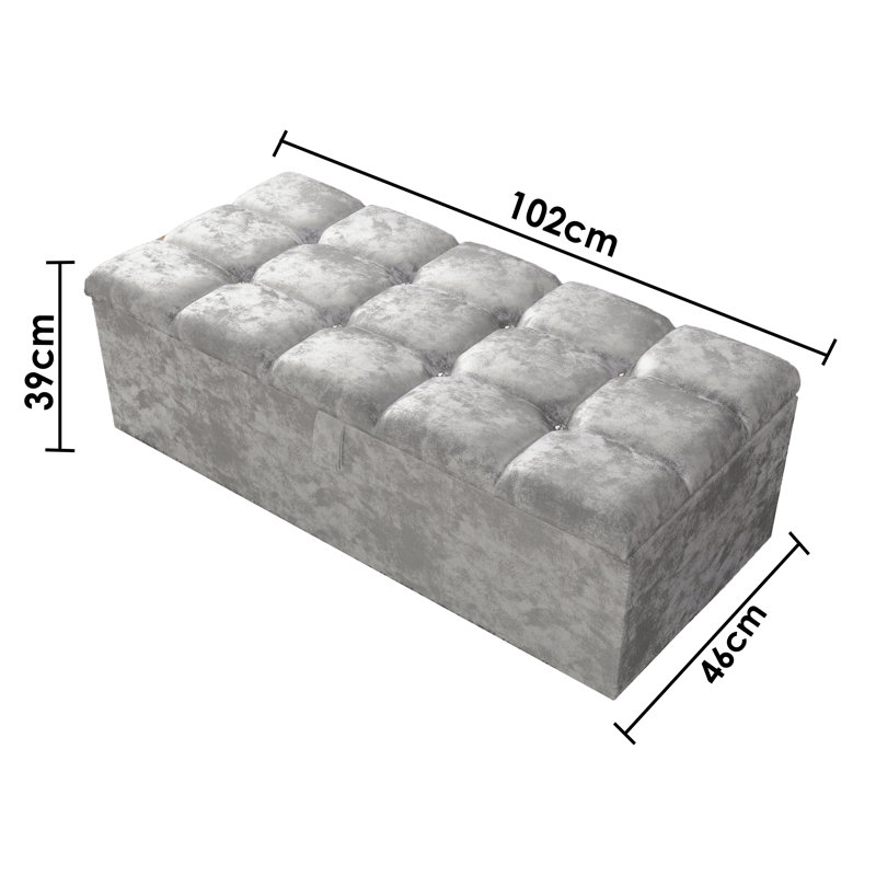 Ontario 102 cm W Velvet and Foam Padding Rectangle Geometric Ottoman with Storage, Silver