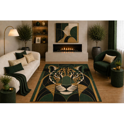 "Ultra Light Weight" 5' x 7' Emerald Green Leopard Area Rug Art Deco Geometric Big Cat Decor for Living Room Bedroom Office Non-Slip Silicone Backing Low Pile