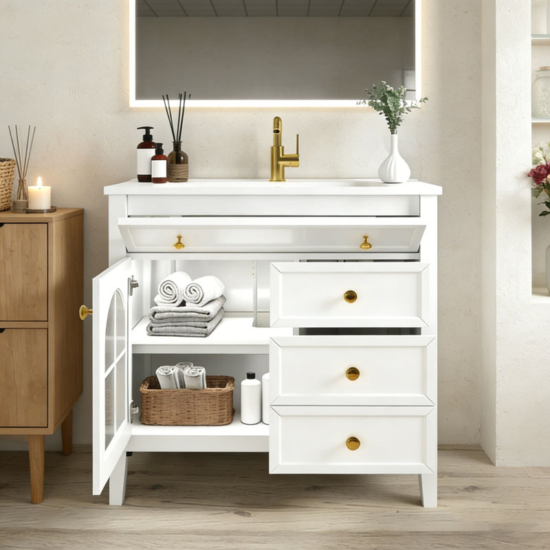 Armoire de salle de bain 35,6 po, Blanc + lavabo + 1 porte