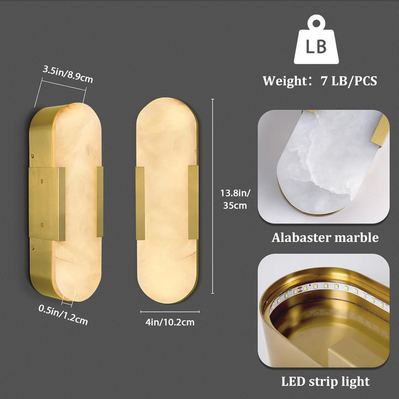 13.8'' Dimmable Led Alabaster Wall Sconces, Brass