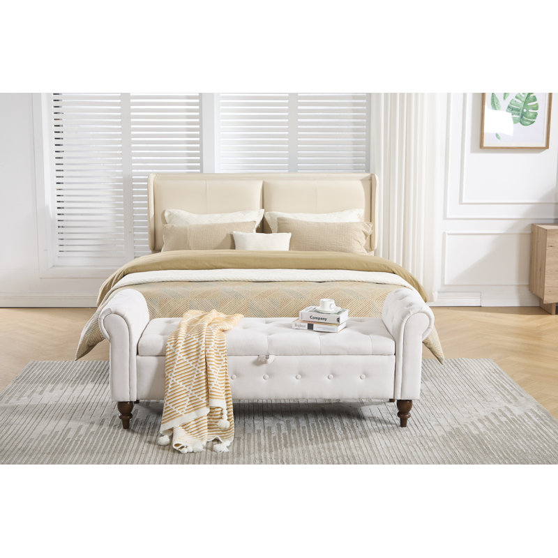 Banc de rangement avec repose-pieds de 63 po pour grand lit avec accoudoirs roulés, Beige