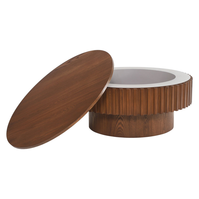 Table basse cylindrique ronde de 31,5 pouces avec rangement dissimulé à couvercle amovible, table de cocktail nervurée en bois massif, table de centre au fini noyer de ferme pour le salon