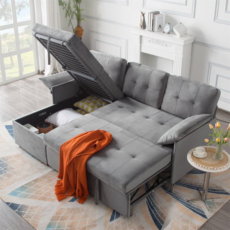 77.6” Reversible Sectional Sleeper Sofa, Gray Velvet