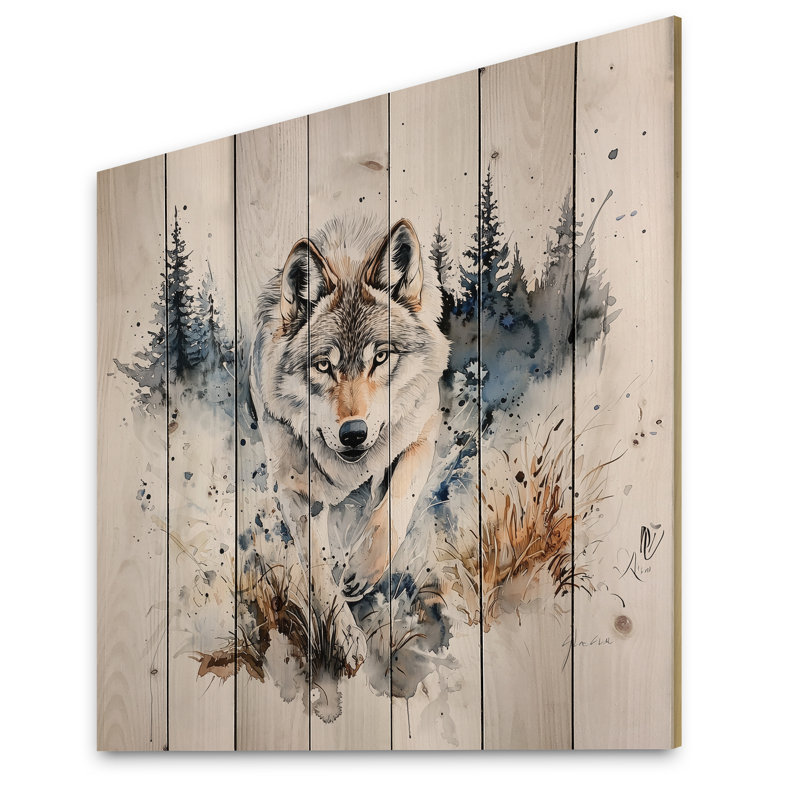 Loup qui court dans la forêt I - Art mural moderne sur bois de pin naturel, H 30 po x l 30 po