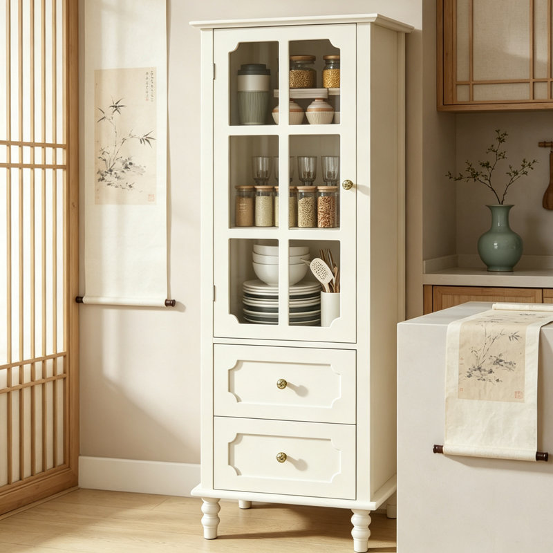 Buffet avec portes et tiroirs en verre, unité de rangement moderne en bois avec tablettes de présentation, armoire en bois minimaliste pour le salon, la salle à manger et le vestibule