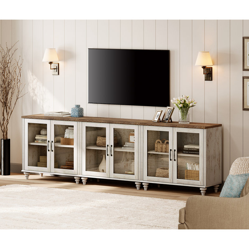 100-Inch TV Stand, Wooden Farmhouse Entertainment Center With 6 Glass Doors & Storage Cabinets For Living Room Or Bedroom