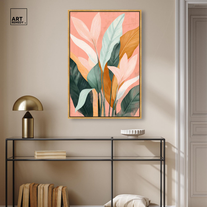 «Peach and Palm Canvas Natures» par , Cadre flottant doré, H 37 po x l 25 po