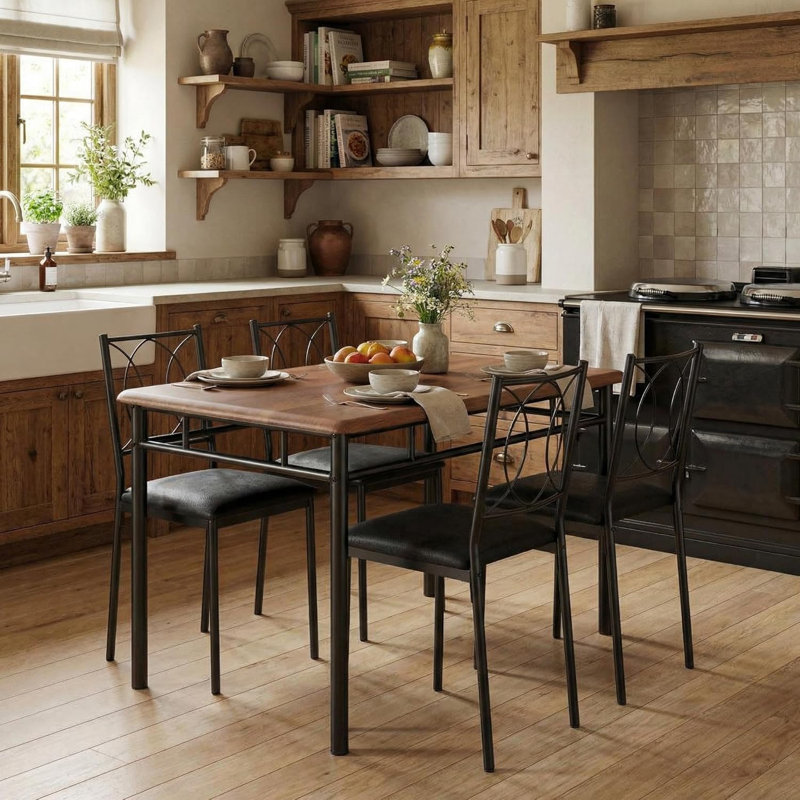 Farmhouse Dining Table Set for 4, Wood Table with Upholstered Chairs, Space-Saving, Walnut, Ivory