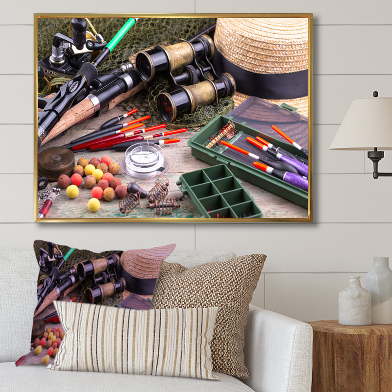 " Fishing Supplies Layout ", 16" H x 32" W x 1" D, Gold Floater Framed
