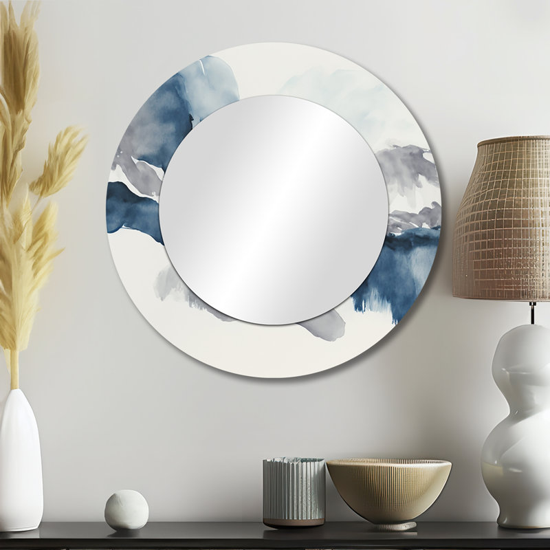 «Through The Sapphire Blue Clouds I», miroir décoratif à encre liquide, miroir mural rond bleu, impression d'art en métal