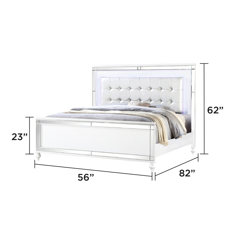 Lit double à DEL avec revêtement blanc, conception moderne, cadre avant en miroir, tête de lit en cristal et tête de lit éclairée, plan de mise à niveau en bois pour l'aménagement de la chambre à coucher