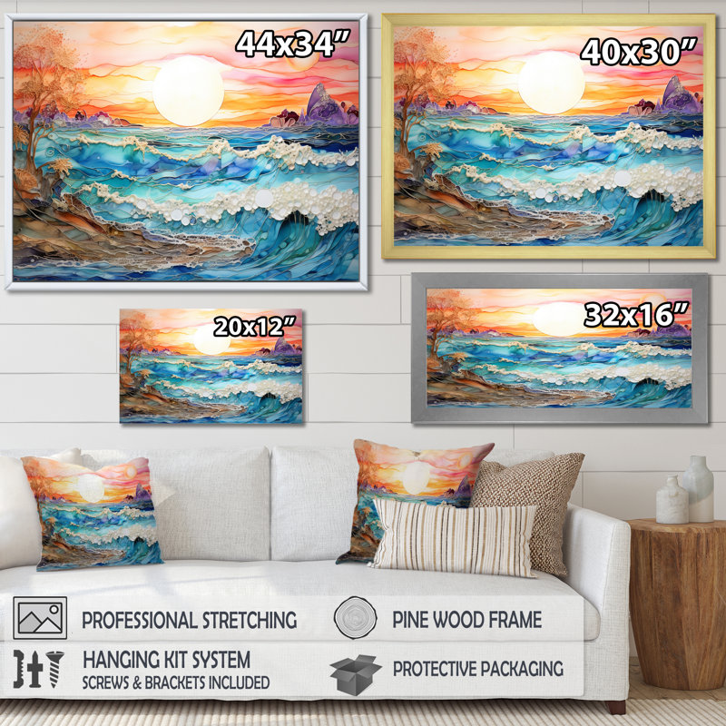 Rainbow Ocean Sunrise - art mural océan, H 12 po x l 20 po x P 1 po, Cadre simple blanc
