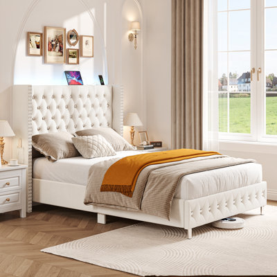 Velvet Upholstered Platform Bed with LED Lights and Charging Station