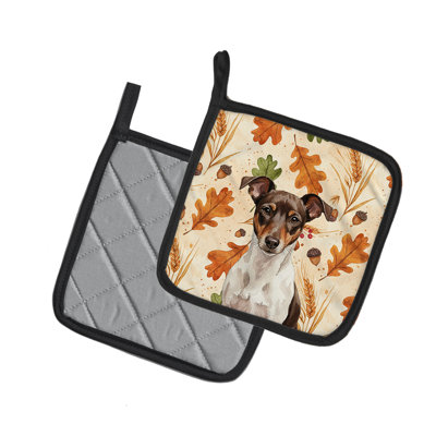 Chocolate and White Rat Terrier Heirloom Fall Pair of Pot Holders