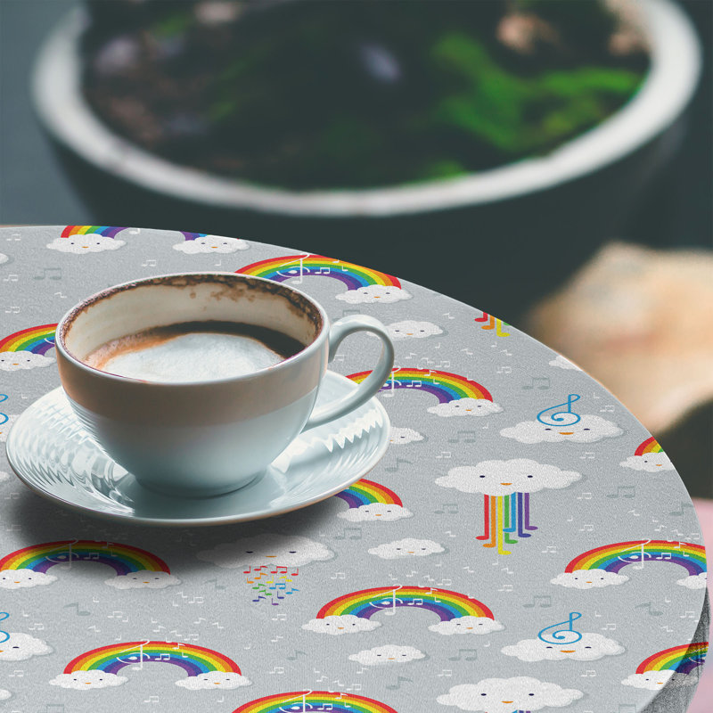 Winston Porter Cartoon Fitted Round Tablecloth Diameter Pale Grey and Multicolor, 47.24" Round