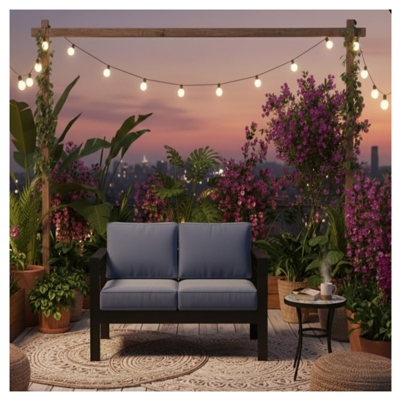 Causeuse de terrasse en aluminium toutes saisons de 50 po avec coussins épais en oléfine bleue