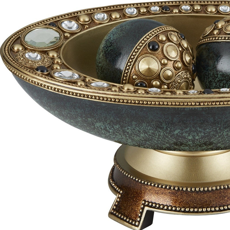 Handcrafted Green and Gold Resin Decorative Bowl with Stand