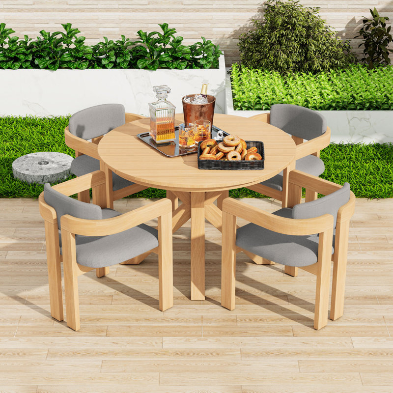 Ensemble de salle à manger 5 pièces pour l'extérieur en bois d'acacia avec table ronde et 4 chaises demi-tonneau, Gris