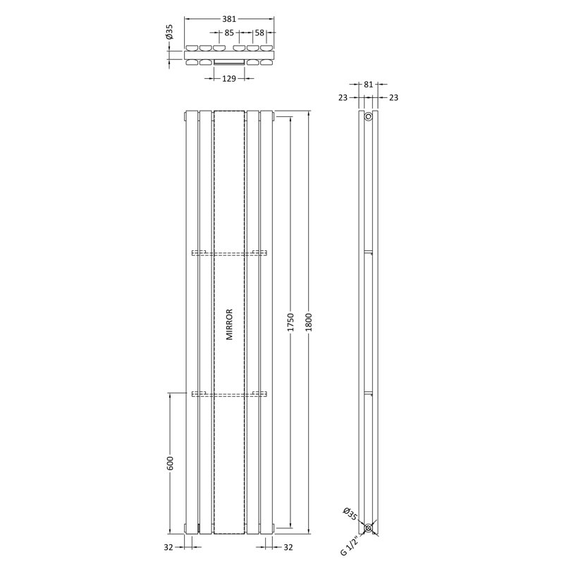 Sloane Vertical Designer Radiator, 180cm H x 38.1cm W x 7.4cm D, Anthracite