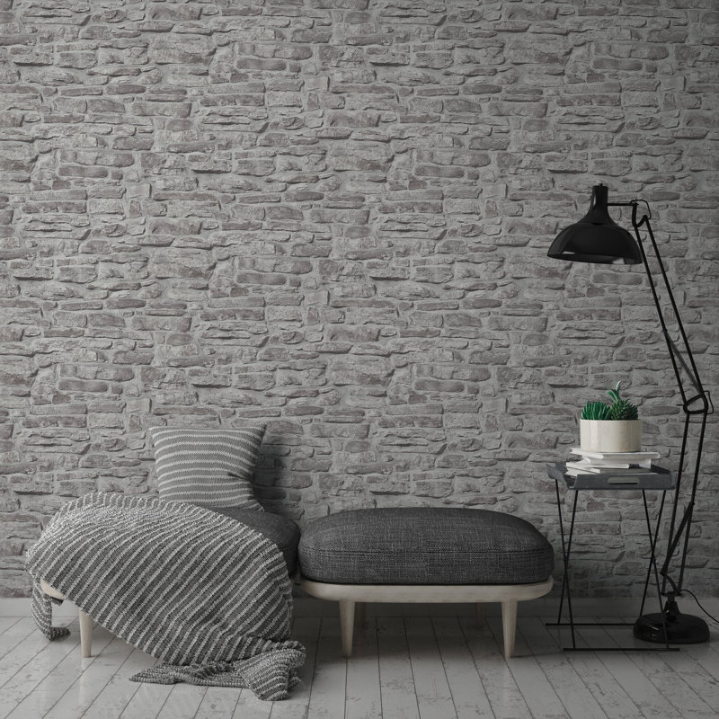 Bricks and More Collection Rustic Stone Wall Wallpaper Roll, Gray