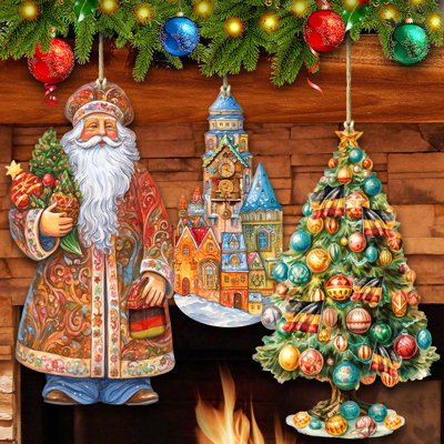 3 Piece German-Inspired Santa Wooden Ornaments
