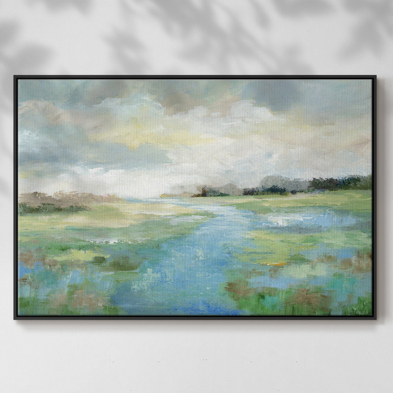 «Winding Stream», peinture sur toile encadrée, H 27 po x l 41 po x P 2 po, Cadre noir