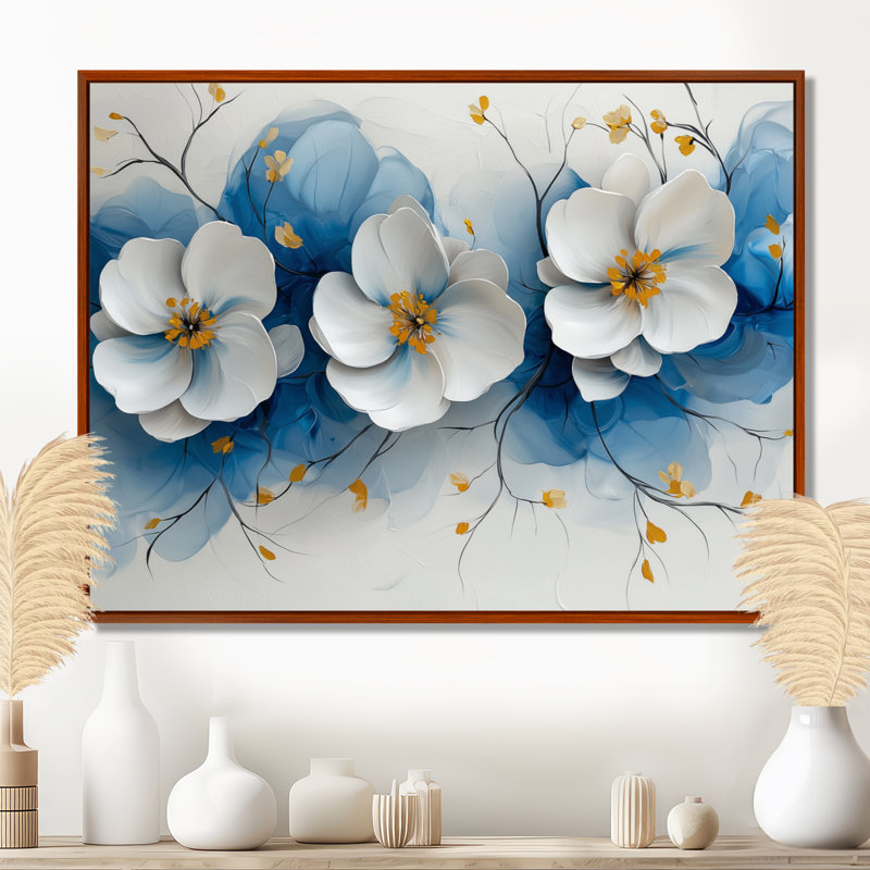 Velours cerisier en fleurs bleu Simplicity III - art mural fleur de cerisier, H 12 po x l 20 po, Cadre flottant, Brun
