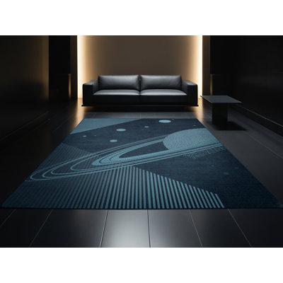 Tapis géométrique gris lavable à la machine à motif de planètes avec anneaux gris Alan