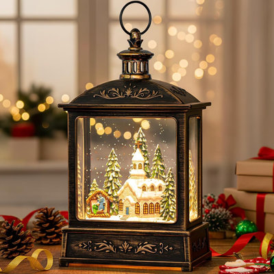 Boule à neige musicale lumineuse de Noël avec scène d'église et de crèche, lanterne à eau scintillante, décoration festive pour la maison, fonctionne sur piles ou USB, cadeau de Noël