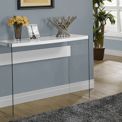 Accent Table, Console, Entryway, Narrow, Sofa, Glossy White Laminate, Clear Tempered Glass