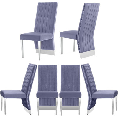Ensemble de 6 chaises de salle à manger rembourrées en velours gris avec garniture cloutée et pieds en acier inoxydable argent poli
