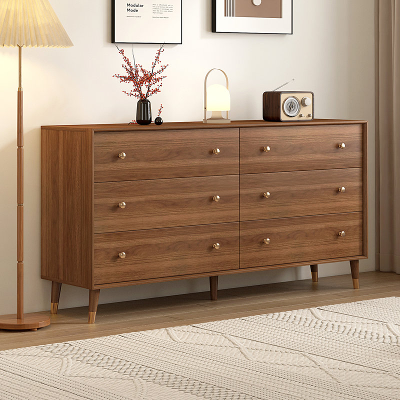 6 Drawer Dresser For Bedroom, 55 Inch Dresser for Closet with Walnut Frame, Modern Solid Wood Chest of Drawers with Natural Texture & Pre-Embedded Slots For TV Stand, Living Room, Hallway, Office