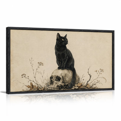 Art sur toile, chat noir assis sur un crâne avec des plantes séchées