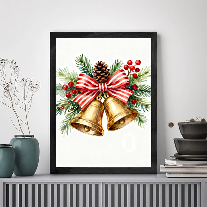 Reproduction d'art encadré noir, pin de Noël et cyprès, cloche en cuivre rétro, H 37 po x l 25 po